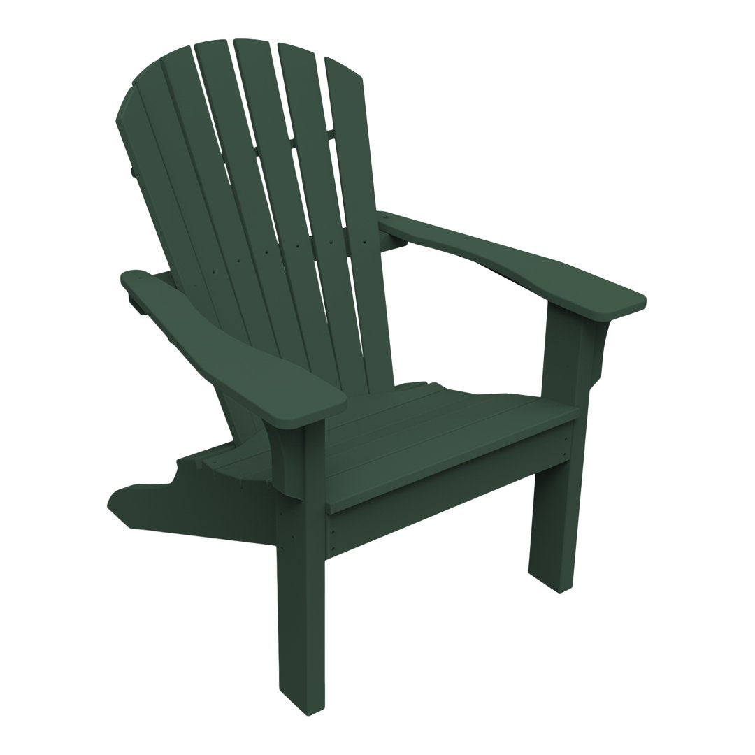 "Dark green Adirondack chair with a classic slatted design, perfect for outdoor seating."