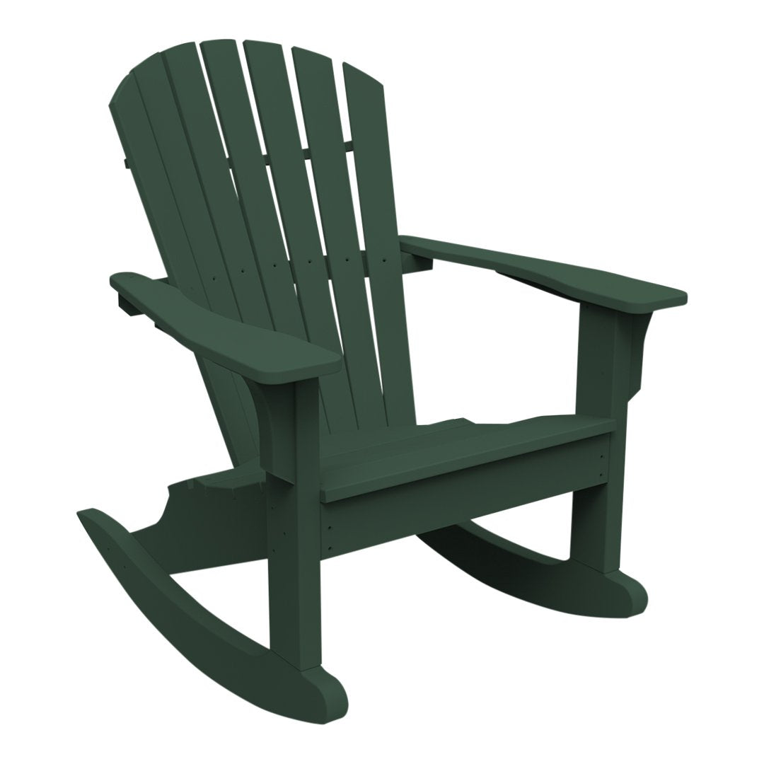 Deep green rocking chair with slatted back and wide armrests, perfect for outdoor relaxation.