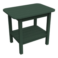 Green rectangular outdoor side table with slatted top and bottom shelf, ideal for patios and gardens.