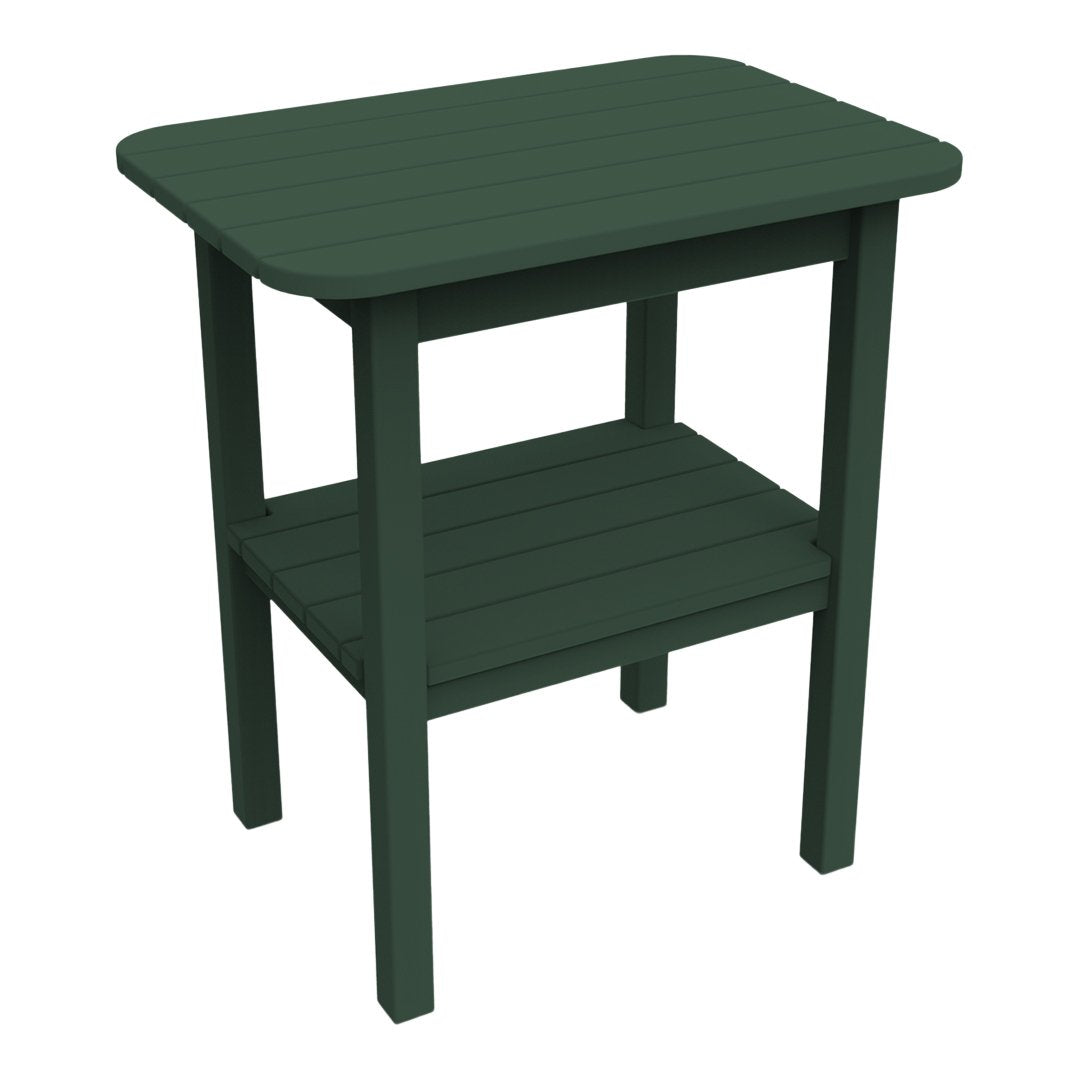 Dark green wooden side table with slatted design and a lower shelf. Perfect for indoor or outdoor use.