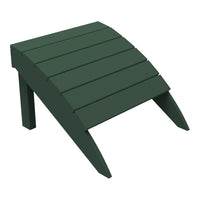 Dark green wooden footrest with slatted design and angled legs for outdoor comfort.