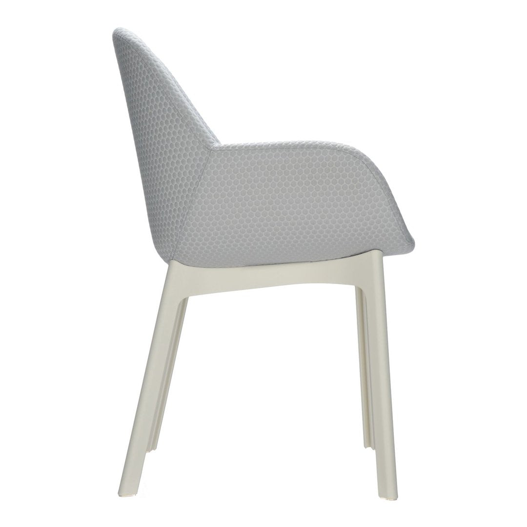 Gray patterned fabric chair with light beige legs, featuring a modern design and subtle texture.