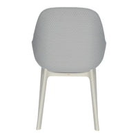 Gray upholstered chair with a subtle dotted pattern and light beige legs, perfect for modern decor.