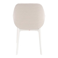 Beige textured chair with a white frame, featuring a subtle honeycomb pattern. Perfect for modern decor.