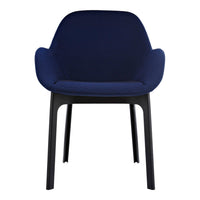Navy blue chair with a textured pattern and sleek black legs, perfect for modern interiors.
