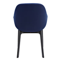 Navy blue fabric chair with a smooth finish and sleek black legs, showcasing a minimalist design.