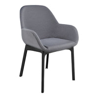 Gray patterned chair with sleek black legs, featuring a modern, textured design for stylish decor.