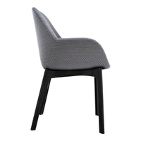 Gray patterned upholstery with a sleek black wooden base. Modern chair design for versatile decor.