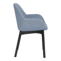Blue and white gingham patterned chair with a sleek black wooden frame. Perfect for modern decor.