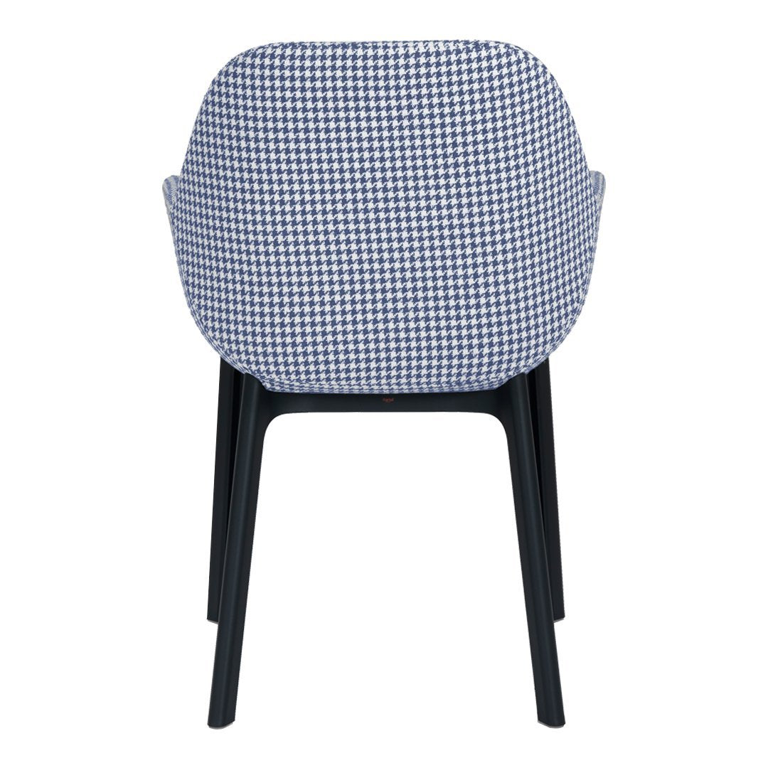 Blue and white gingham pattern chair with sleek black legs, perfect for stylish indoor decor.