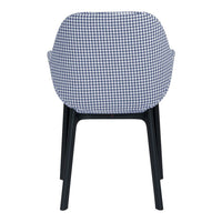 Blue and white gingham pattern chair with sleek black legs, perfect for stylish indoor decor.