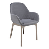Gray upholstered chair with a textured pattern and light beige legs, perfect for modern decor.