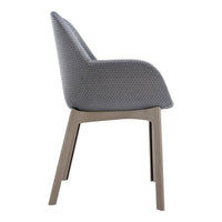 Gray patterned fabric chair with a sleek design and light brown legs. Ideal for modern interiors.
