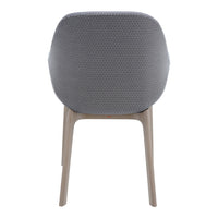 Back view of a grey upholstered chair with a subtle hexagonal pattern and light wooden legs.