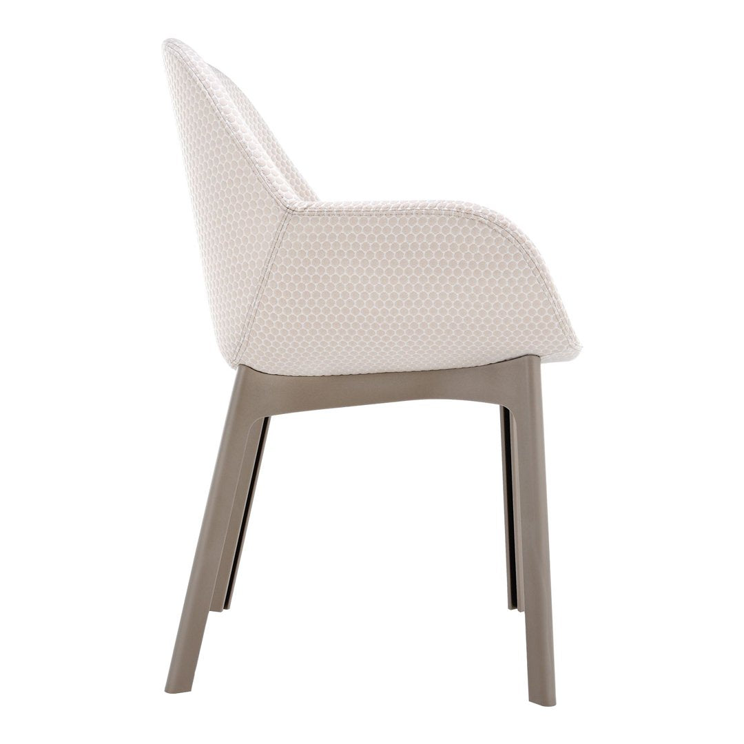 Light beige chair with a textured pattern, complemented by a sleek gray wooden frame.