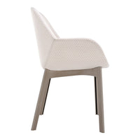Light beige chair with a textured pattern, complemented by a sleek gray wooden frame.