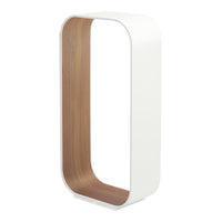 White and wood-patterned decorative piece with a modern, oval shape, featuring smooth surfaces and clean lines.