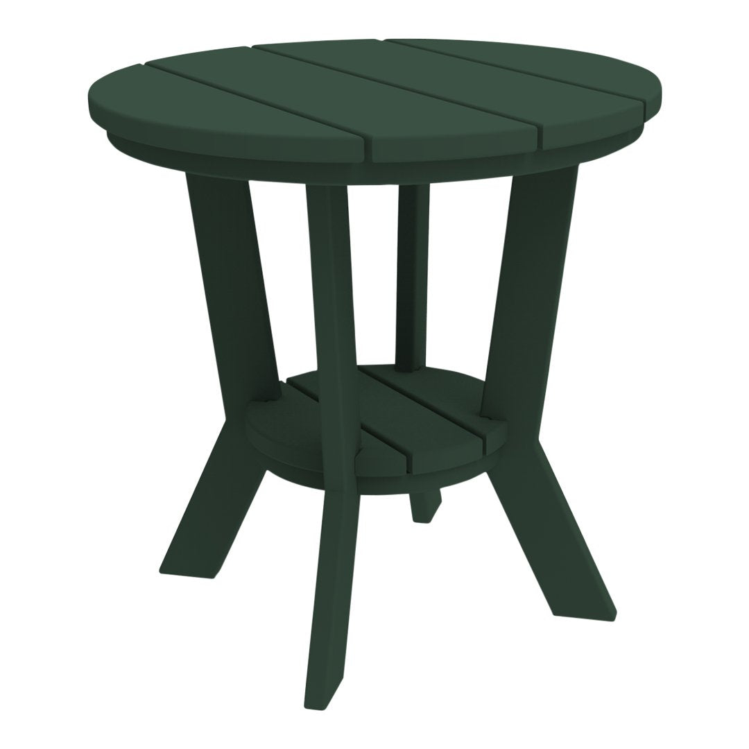 Green round patio table with slatted top and sturdy legs. Ideal for outdoor settings and modern decor.