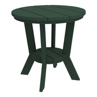 Green round patio table with slatted top and sturdy legs. Ideal for outdoor settings and modern decor.