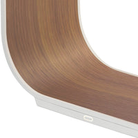 Curved wood design with a warm, rich brown finish and sleek white accents, showcasing a modern aesthetic.