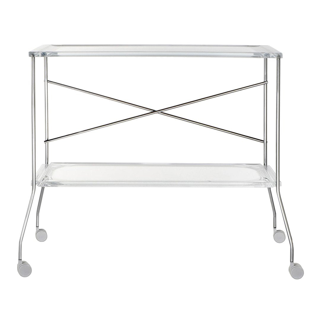 Clear acrylic serving cart with sleek silver accents and a minimalist design, featuring clean lines and modern style.