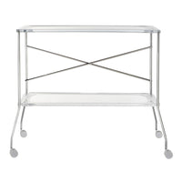 Clear acrylic serving cart with sleek silver accents and a minimalist design, featuring clean lines and modern style.