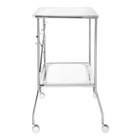 Sleek chrome rolling table with a minimalist design and smooth, reflective surface. Perfect for modern spaces.
