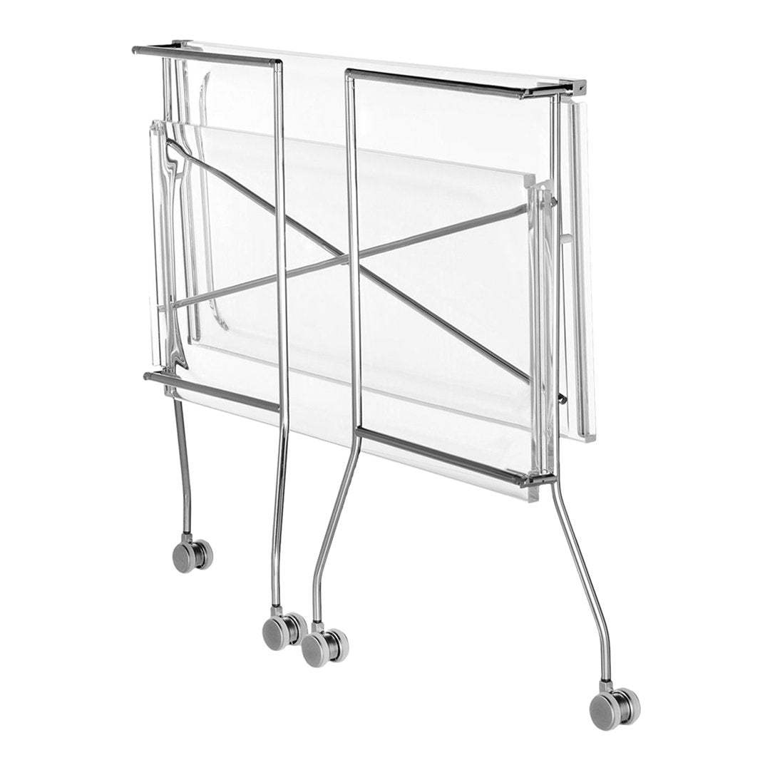 Foldable chrome frame with clear acrylic panels, showcasing a sleek, modern design. Perfect for minimalistic decor.