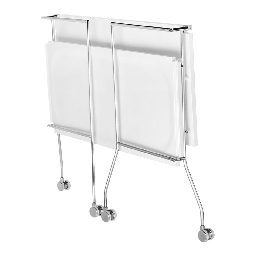 White folding table with a sleek chrome frame and modern design, featuring smooth surfaces and minimalist aesthetics.