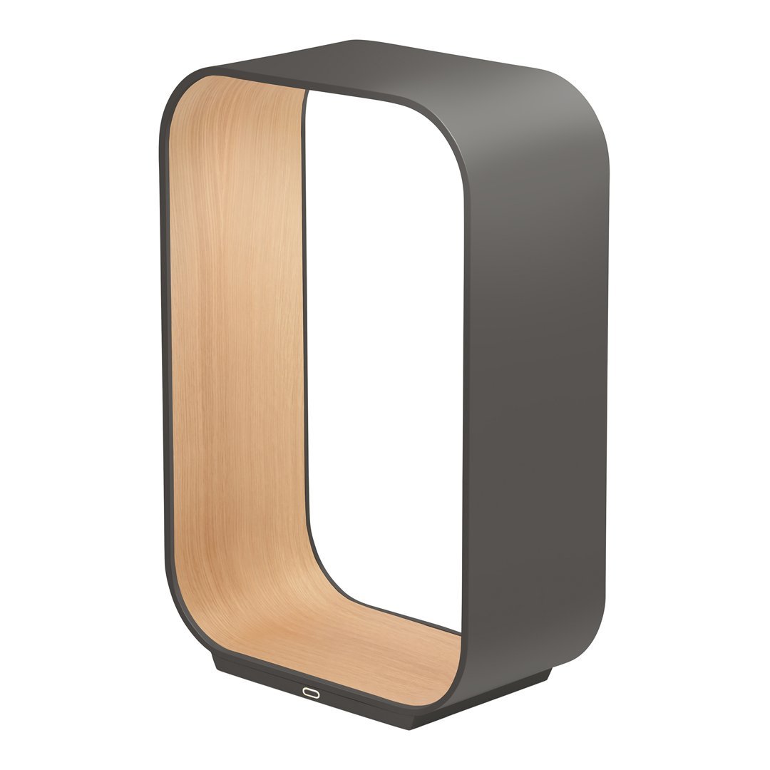 Sleek gray lamp with a smooth finish and a natural wood interior, showcasing a modern, minimalist design.