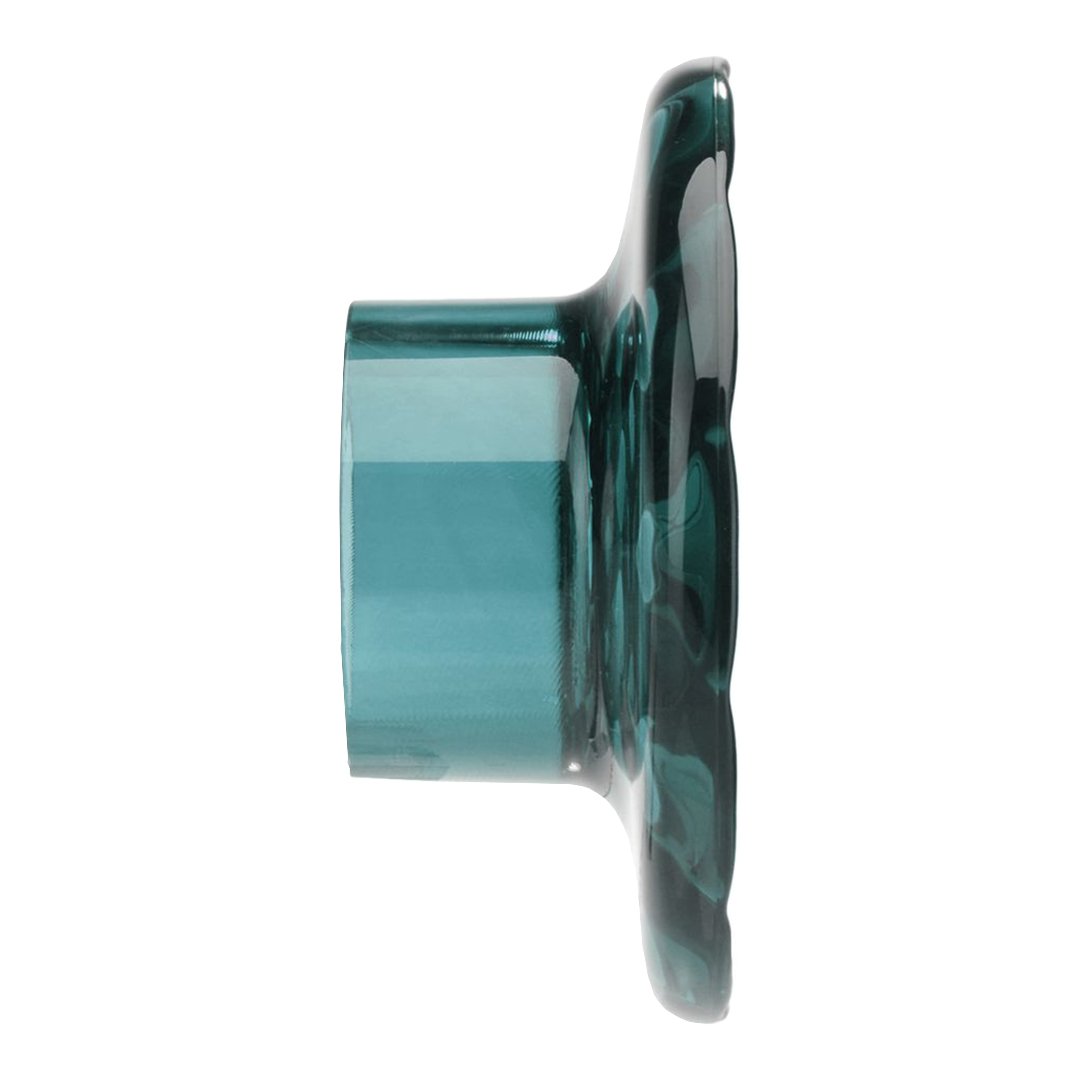 Teal glass flower-shaped vase with a smooth, glossy finish and geometric accents. Perfect for modern decor.