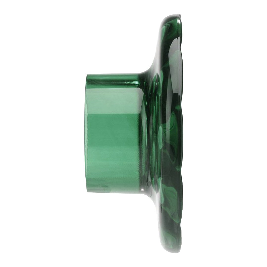 Green glass decorative piece with a textured floral design, showcasing rich emerald tones and smooth contours.