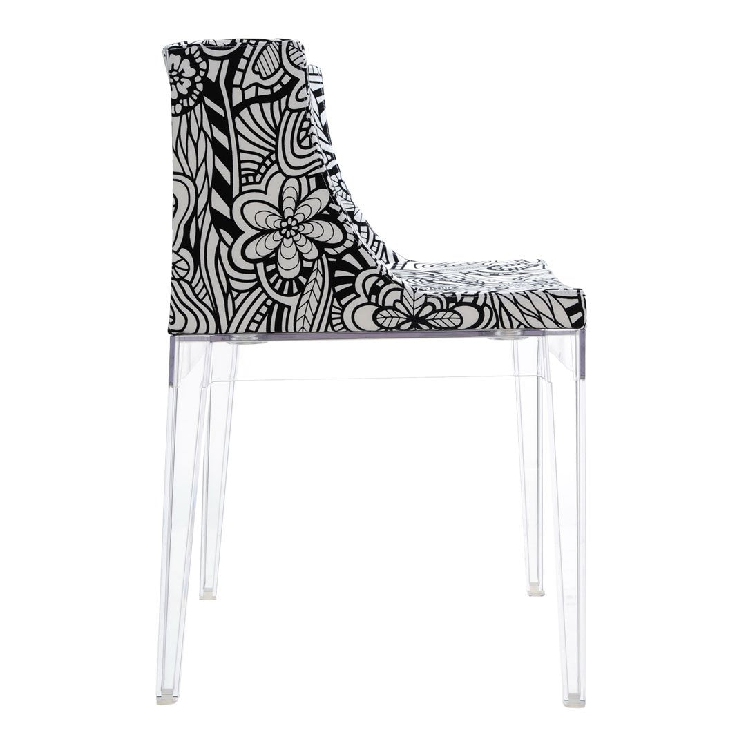 Black and white floral patterned chair with a clear acrylic base. Modern design for a stylish home or office.