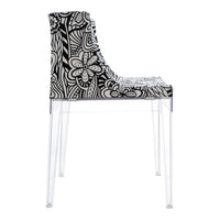 Black and white floral patterned chair with a clear acrylic base. Modern design for a stylish home or office.