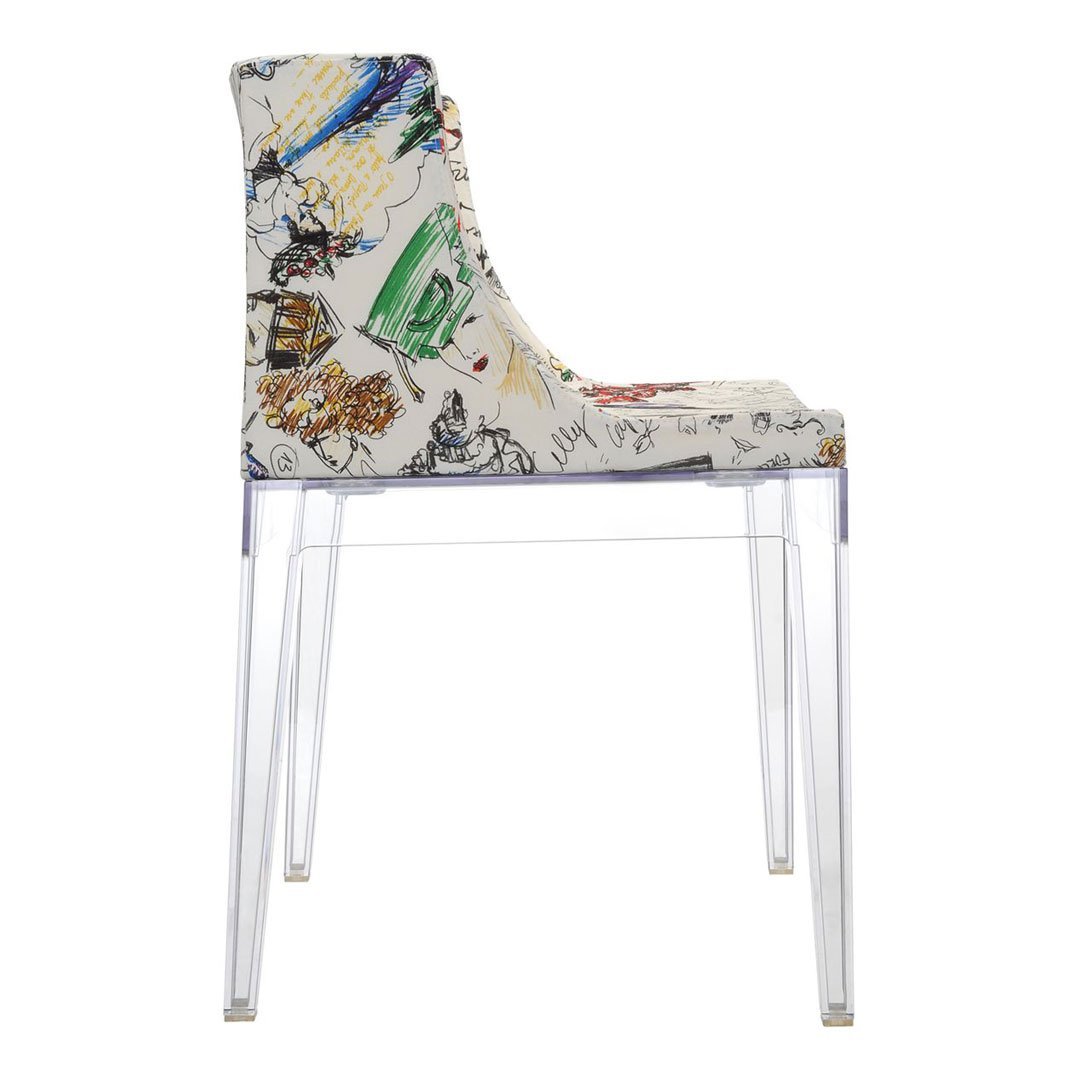Colorful patterned chair featuring a mix of illustrations on a light background, complemented by clear acrylic legs.