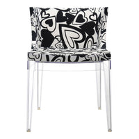 Black and white chair featuring a whimsical hearts pattern on a transparent design. Perfect for modern decor.