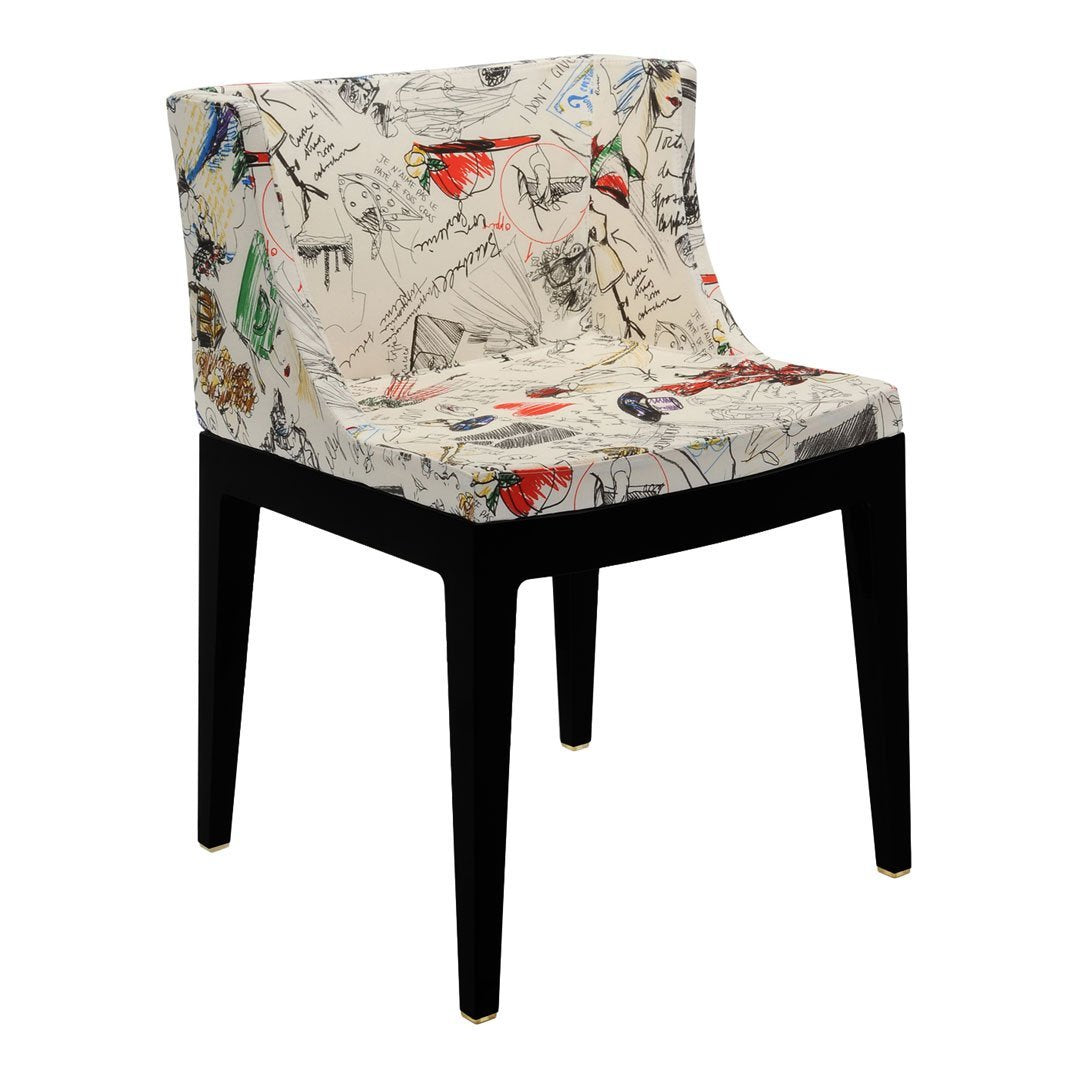 Colorful patterned chair with black legs, featuring artistic floral and insect designs on a cream background.