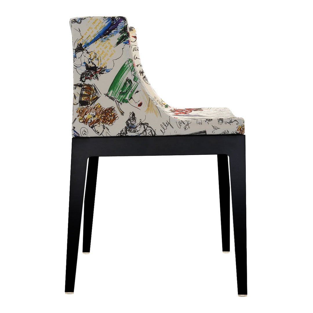 Side view of a patterned chair with colorful sketches against a white background and black legs.