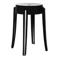 Black stool with a sleek, minimalist design and smooth, round top, featuring straight legs for modern aesthetics.