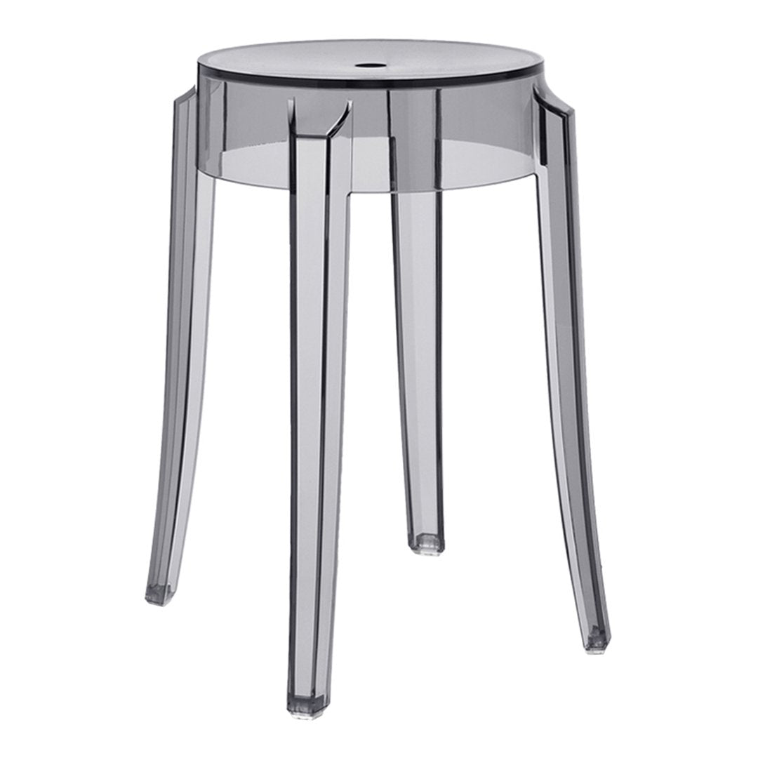 Clear gray transparent stool with sleek, modern design and minimalistic features. Ideal for contemporary spaces.