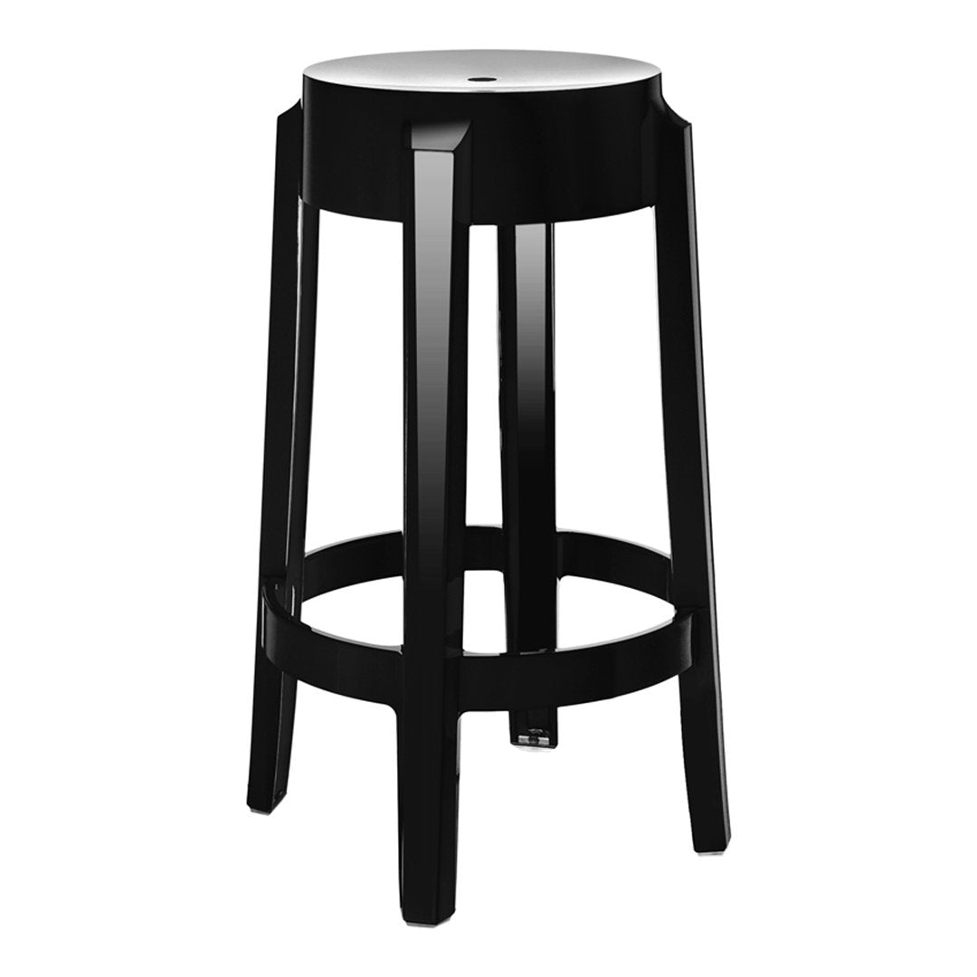 Sleek black bar stool with a smooth metallic top and minimalist design, perfect for modern interiors.