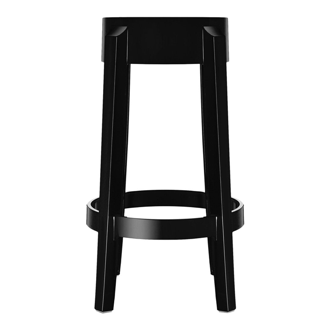 Black wooden stool with a sleek, minimalist design and smooth finish. Perfect for modern decor.