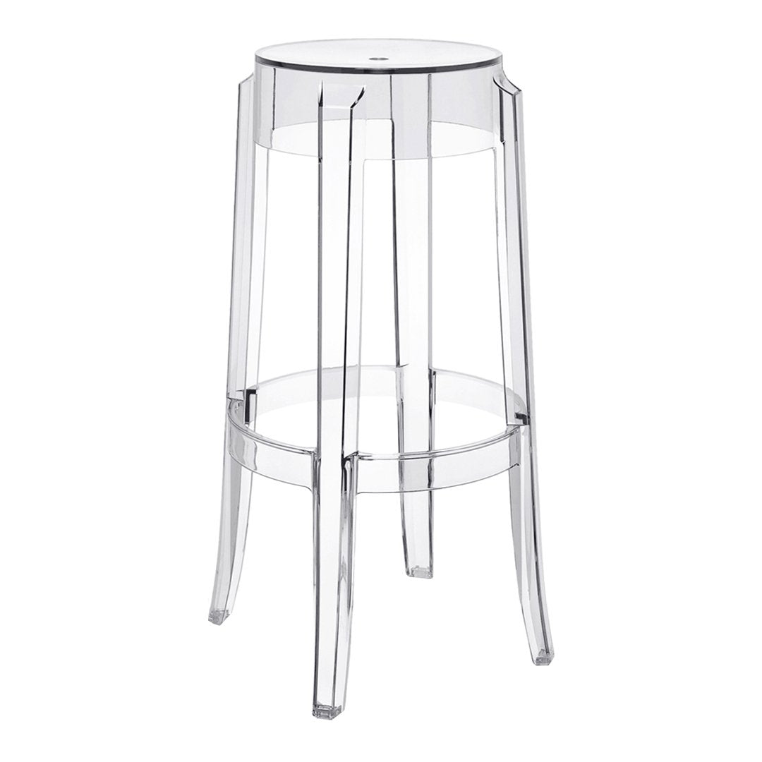 Clear acrylic bar stool with a minimalist design and transparent finish, showcasing modern style and elegance.