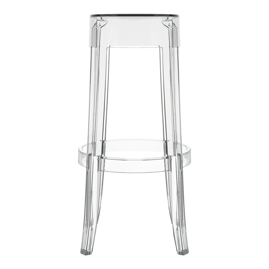 Clear, minimalist acrylic bar stool with transparent design and sleek, modern lines. Perfect for contemporary spaces.