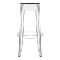 Clear, minimalist acrylic bar stool with transparent design and sleek, modern lines. Perfect for contemporary spaces.
