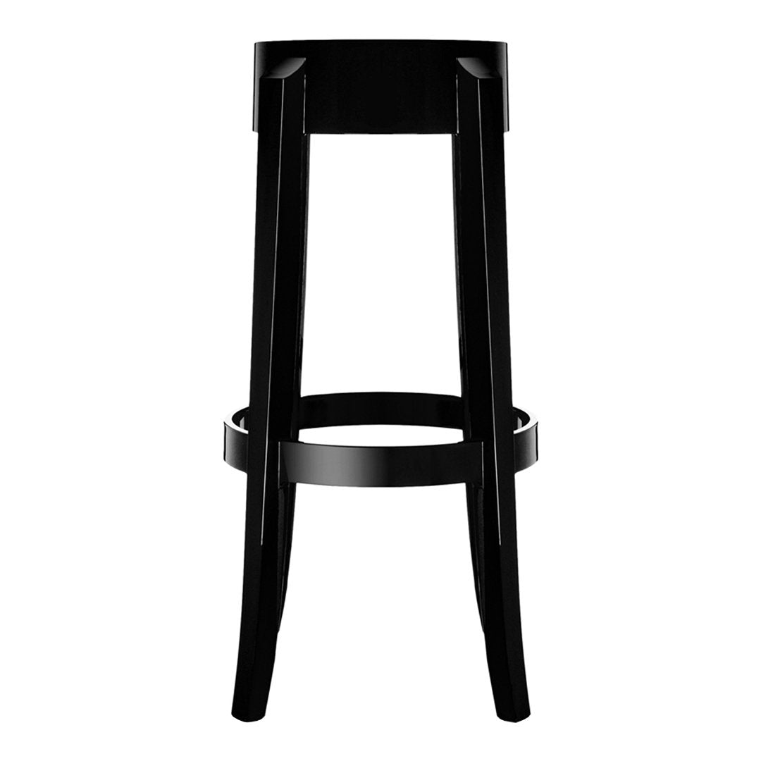 Black bar stool with a sleek, minimalist design and glossy finish, perfect for modern interiors.