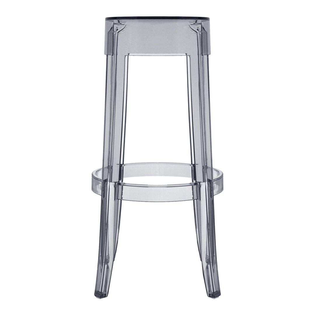 Transparent gray acrylic bar stool with sleek, modern design and minimalist pattern. Perfect for contemporary spaces.