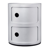 Silver round storage unit with two drawers and black base, featuring minimalistic design and smooth finish.
