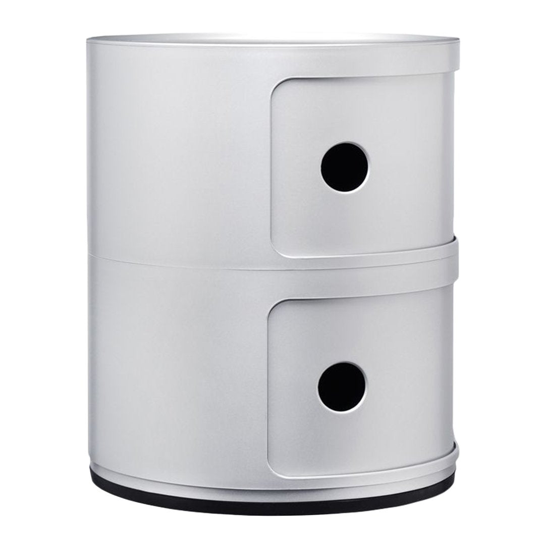 Silver cylindrical storage unit with two circular openings and a sleek, modern design.