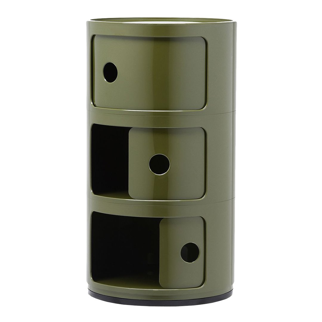 Green cylindrical storage unit with three open compartments and a sleek, modern design.